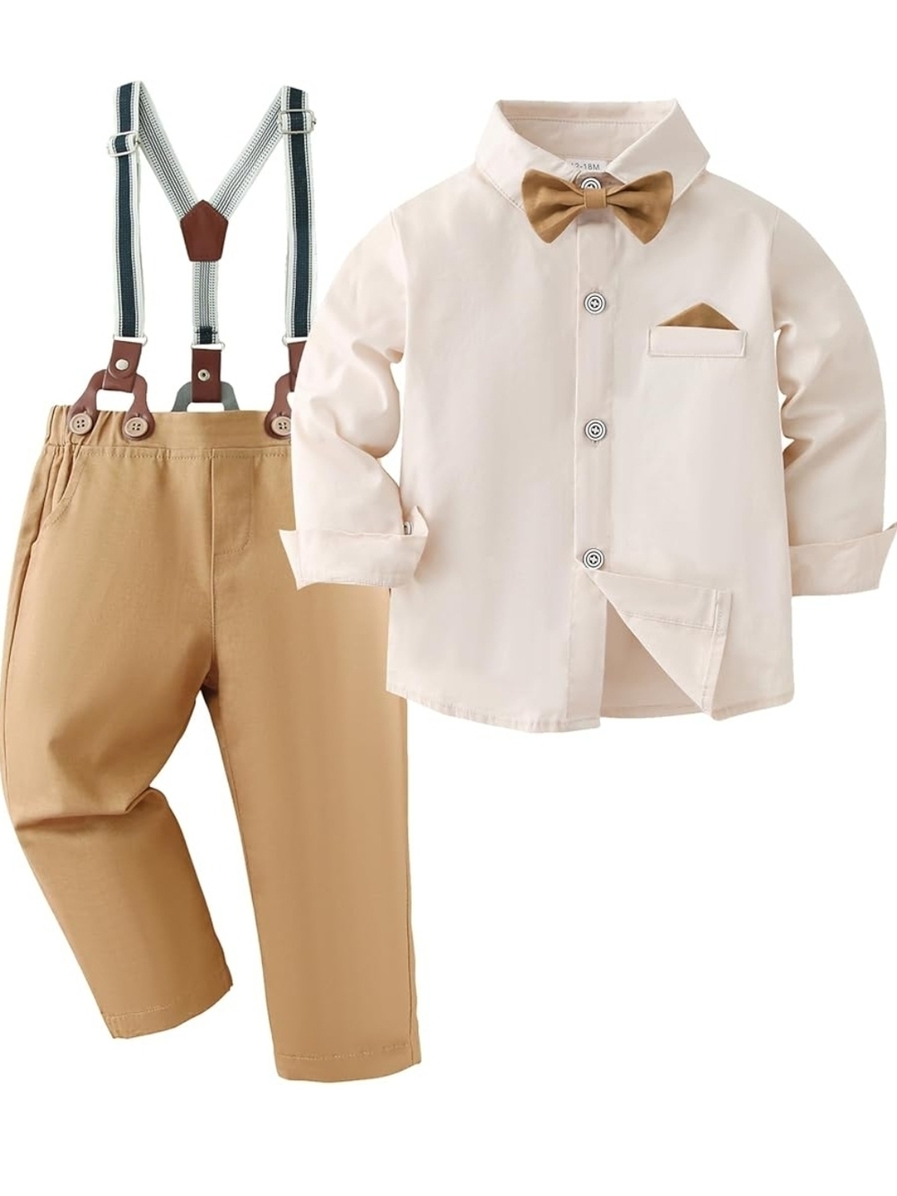 Kids Tan Suspender Pants & Cream Shirt Set with Bow Tie
